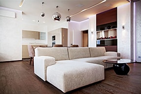 Практичный дизайн-проект гостиной-столовой 25 кв.м. в современном стиле